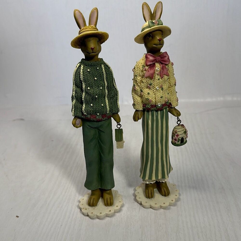 Country Rabbit Mr. And Mrs. Figurine Hand Painted Made in China Collectible